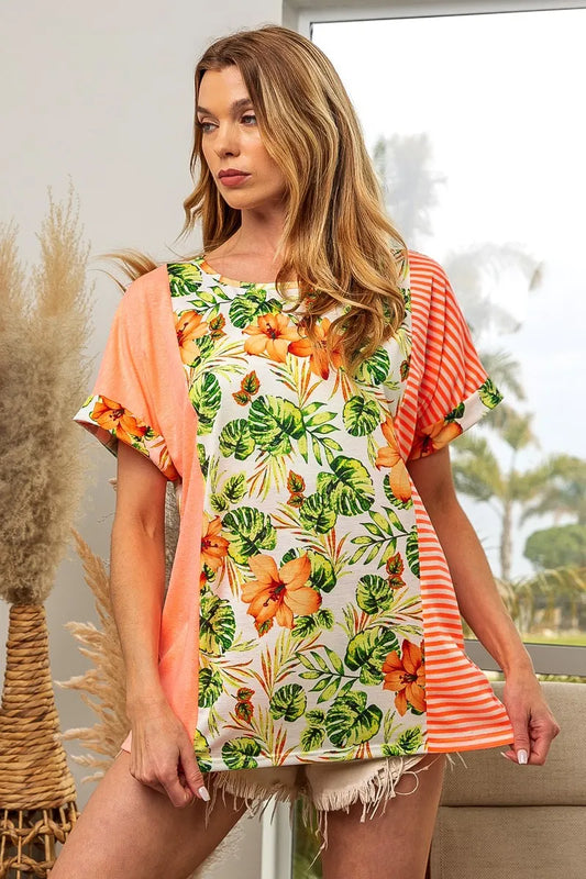 Image of BiBi Floral W Stripe Color Block Dolman Sleeves Top | Queeble.shop
