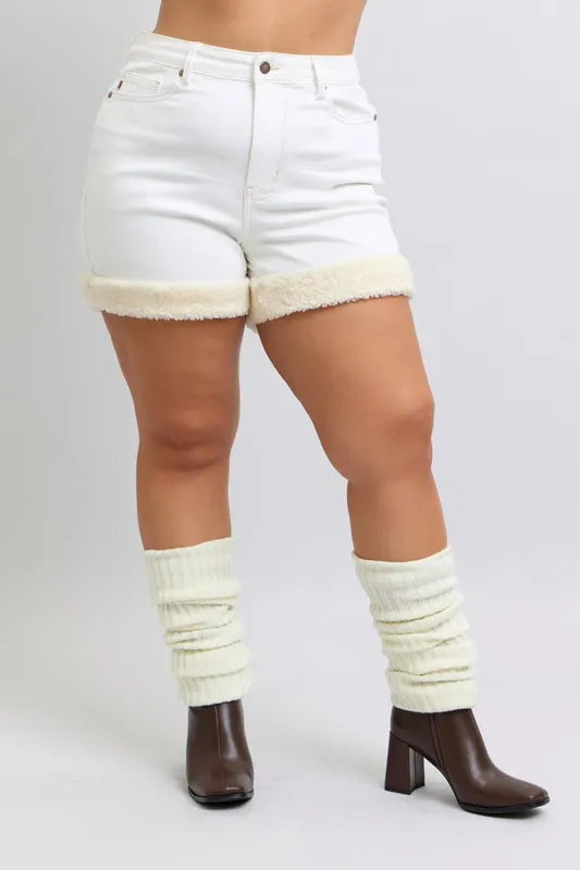 Image of Judy Blue Full Size High Waist Shearling Cuff Denim Shorts Plus Size | Queeble.shop
