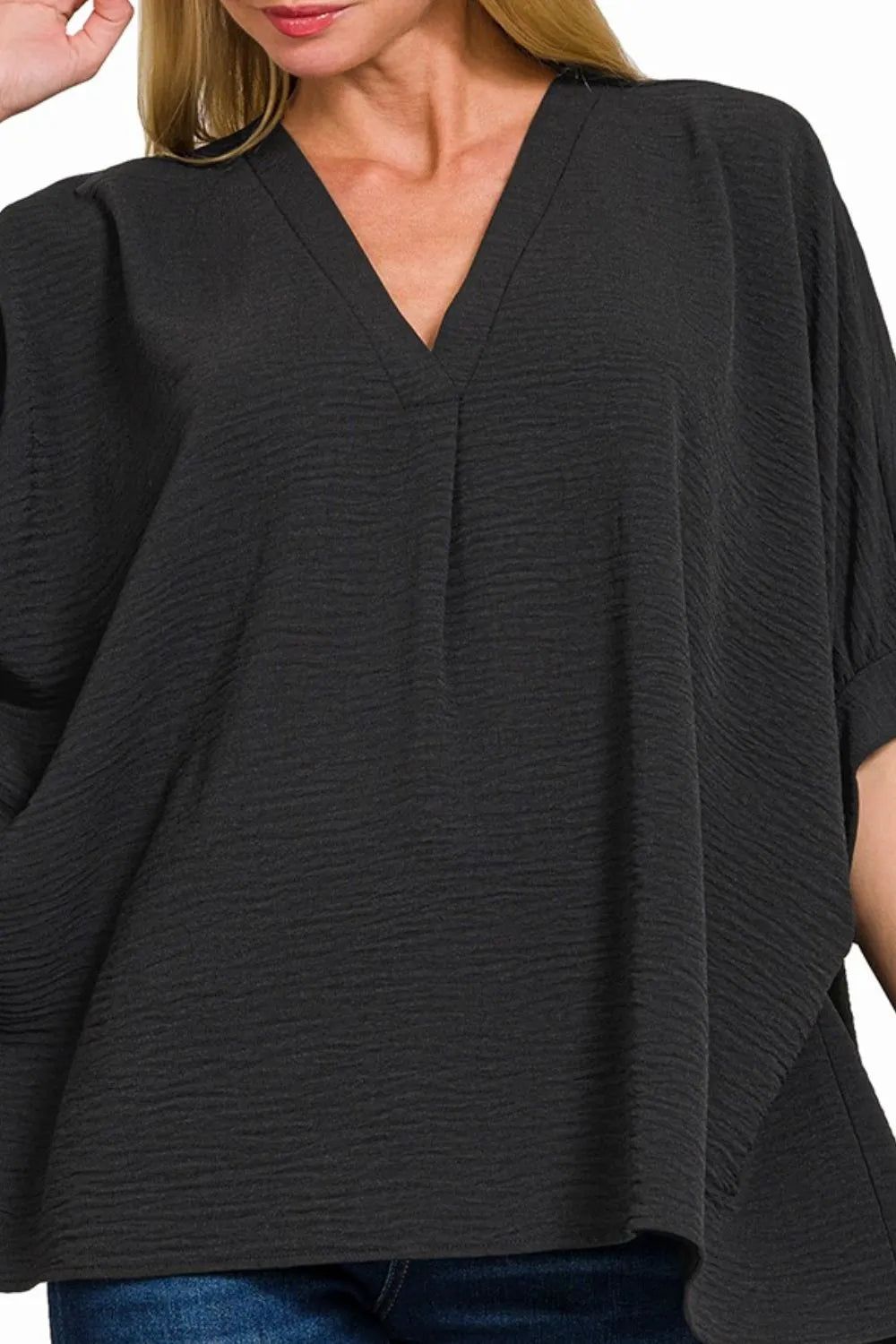 Image of Zenana Woven Airflow V-neck Puff Half Sleeve Top | Queeble.shop