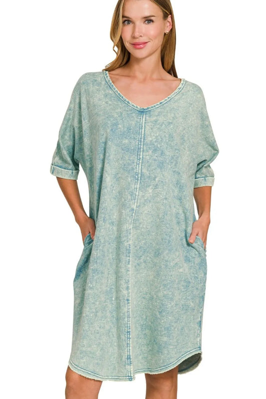 Image of Zenana Acid-washed French Terry Tee Shirts Dress | Queeble.shop