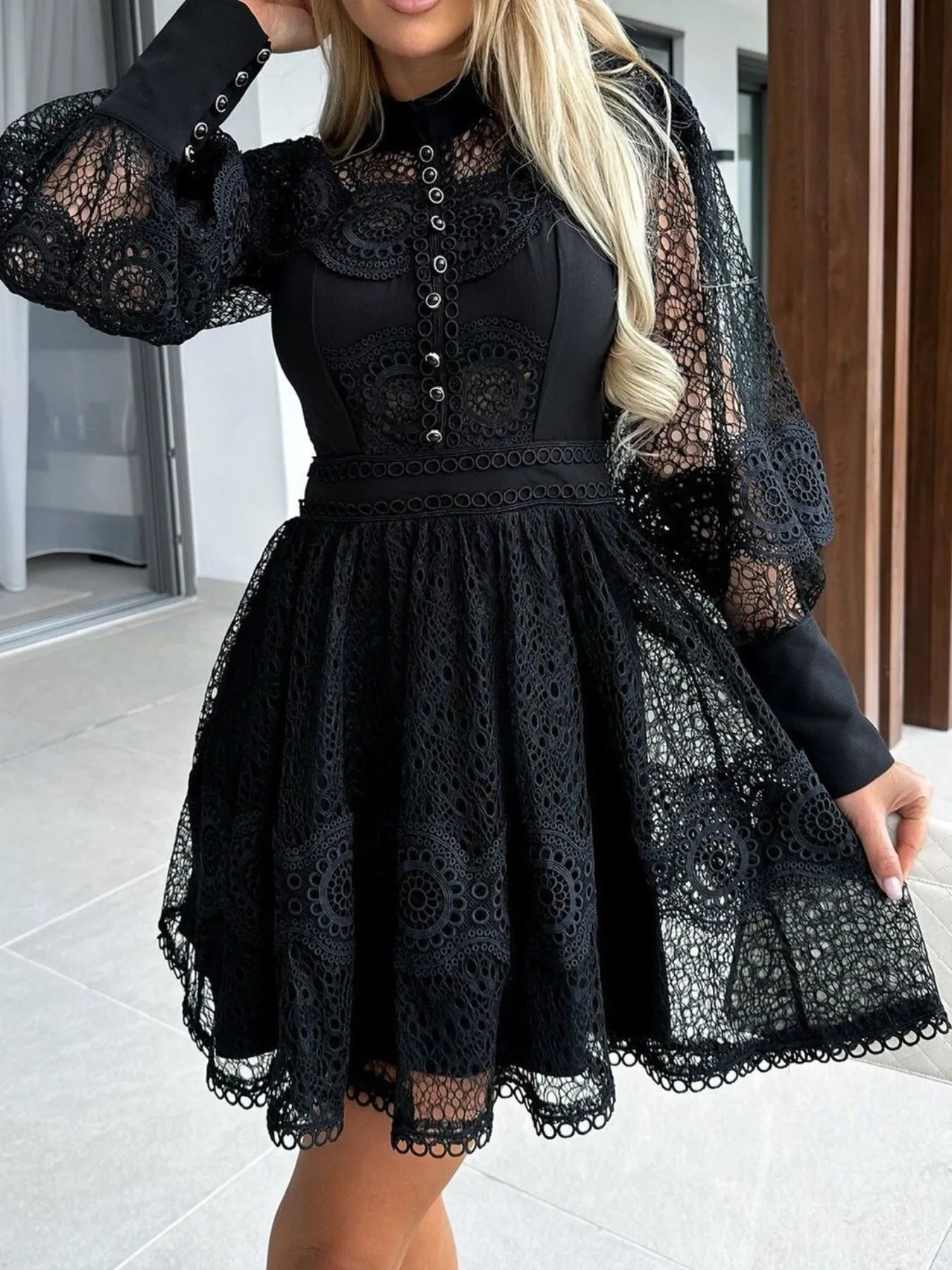 Image of Lace Lantern Sleeve Mini Dress | Queeble.shop
