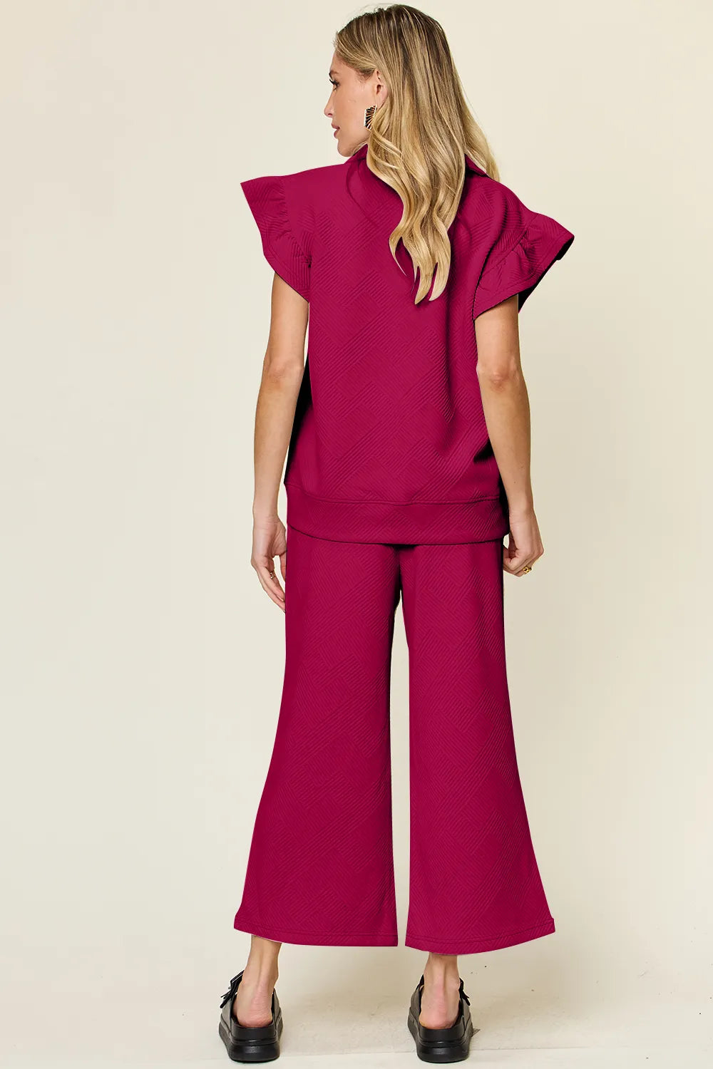 Image of Double Take Texture Ruffle Short Sleeve Top and Drawstring Wide Leg Pants Set | Queeble.shop