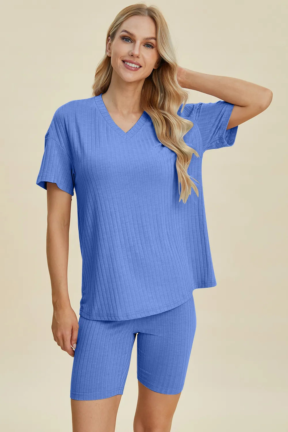 Image of Basic Bae Full Size Ribbed V-Neck Short Sleeve Top and Shorts Set | Queeble.shop