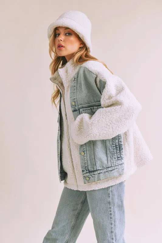 Image of Aemi + Co Denim Washed Drop Shoulder Sherpa Fake Two Pieces Jacket | Queeble.shop