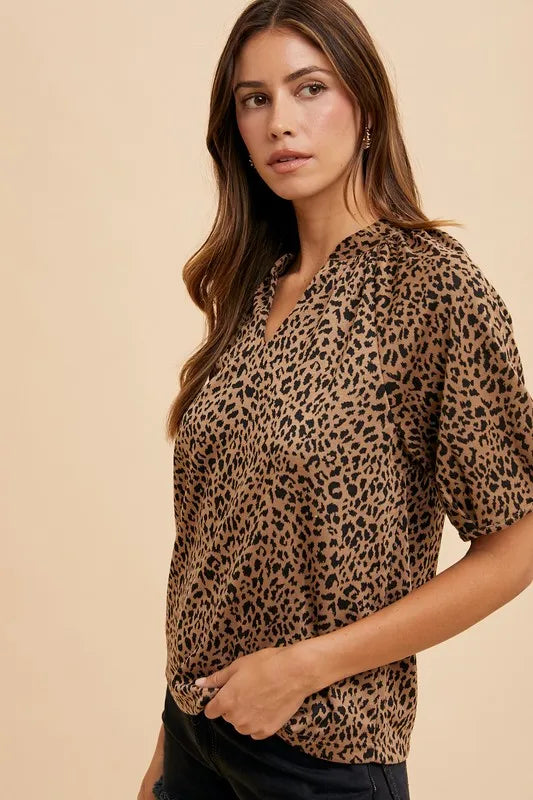 Image of Annie Wear Animal Print Knit Volume Sleeve Blouse | Queeble.shop