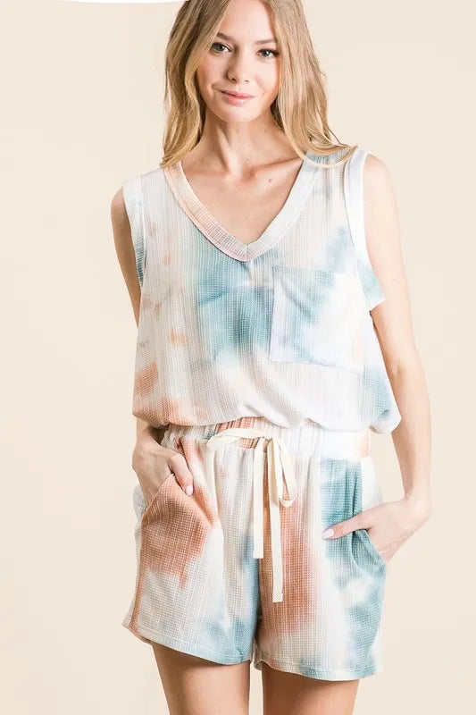 Image of BiBi Tie Dye Textured Knit Top and Shorts Set | Queeble.shop