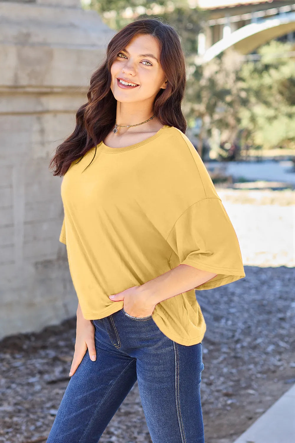 Image of Basic Bae Bamboo Full Size Round Neck Drop Shoulder T-Shirt | Queeble.shop