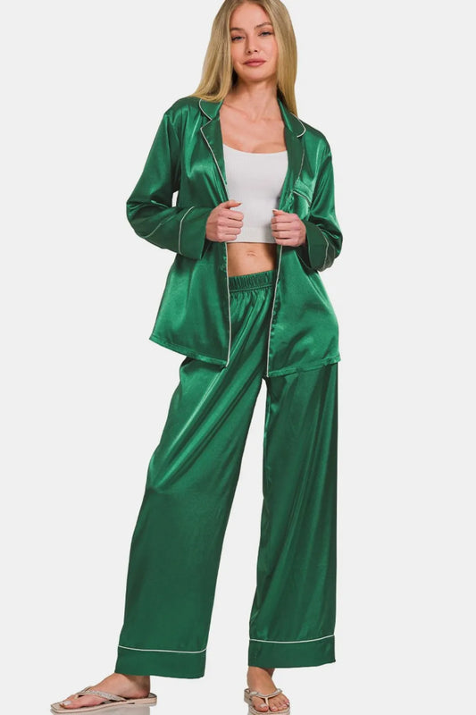Image of Zenana Satin Long Sleeve Shirt and Pants Pajama Set | Queeble.shop