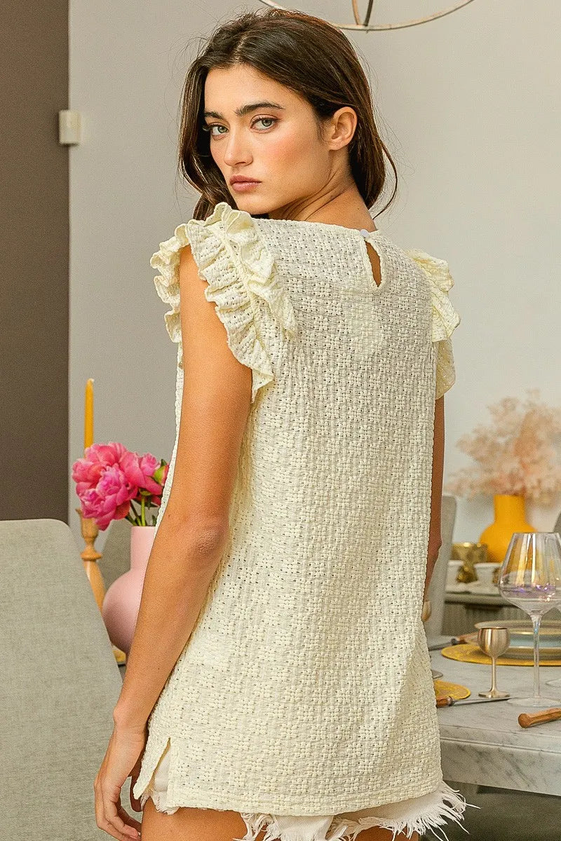 Image of BiBi Floral Ruffled Armhole V-Neck Top | Queeble.shop