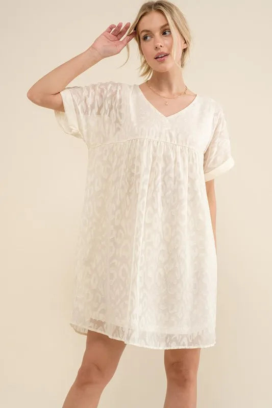 Image of And The Why Woven Leopard Baby Doll Roll-Sleeve Casual Dress | Queeble.shop