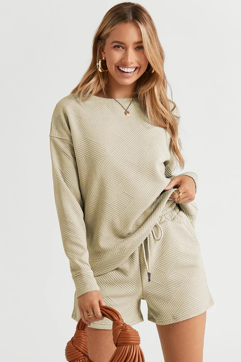 Image of Double Take Full Size Texture Long Sleeve Top and Drawstring Shorts Set | Queeble.shop