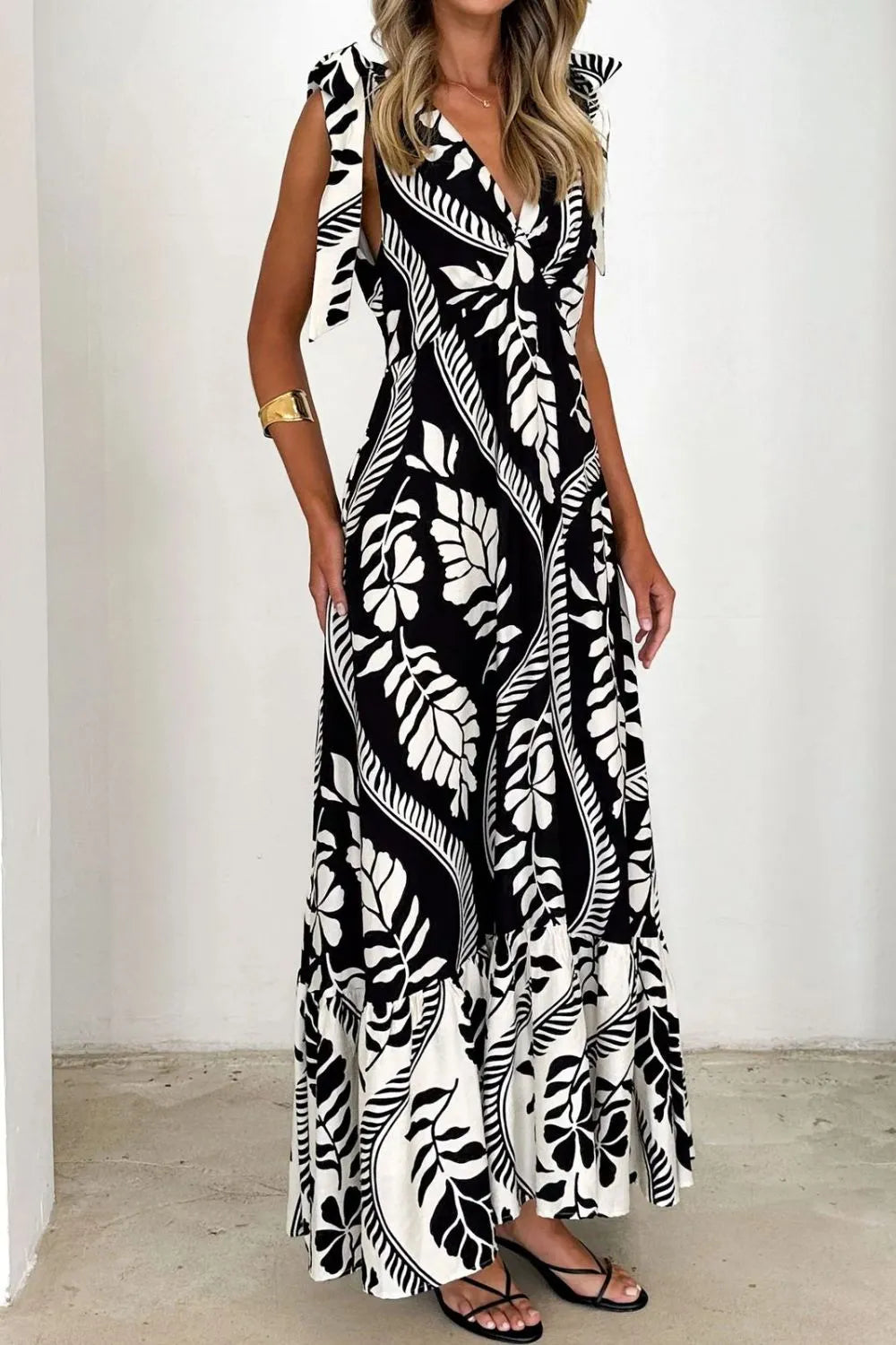 Image of Printed V-Neck Tie Shoulder Midi Cami Dress | Queeble.shop