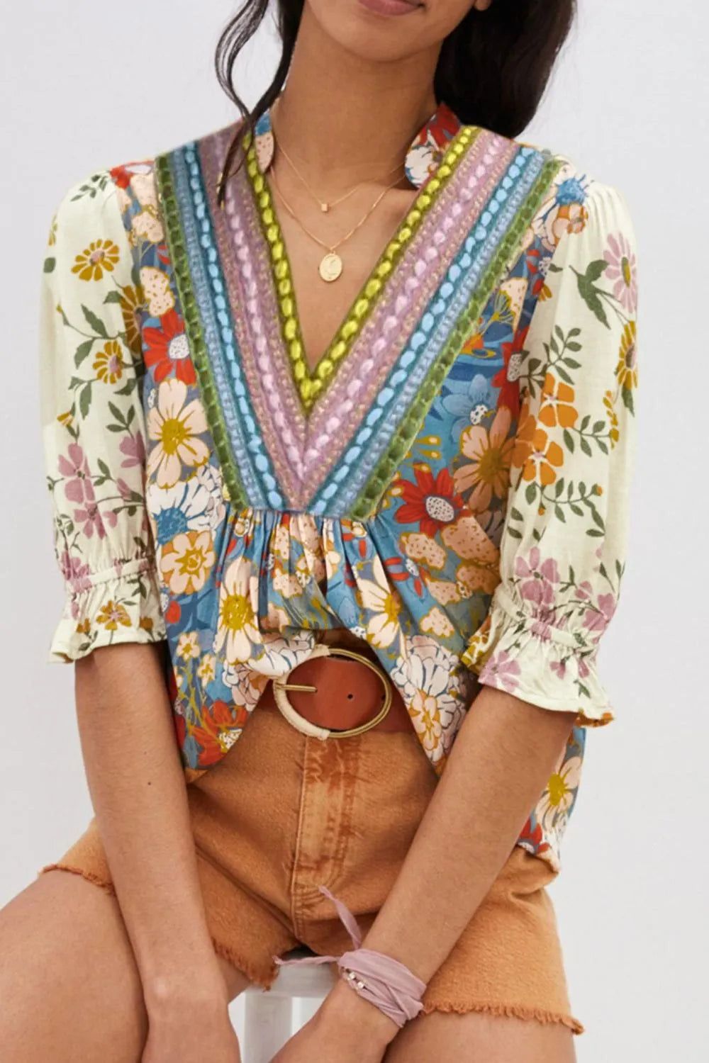 Image of Multicolour Crochet V Neck Half Sleeve Boho Floral Blouse | Queeble.shop