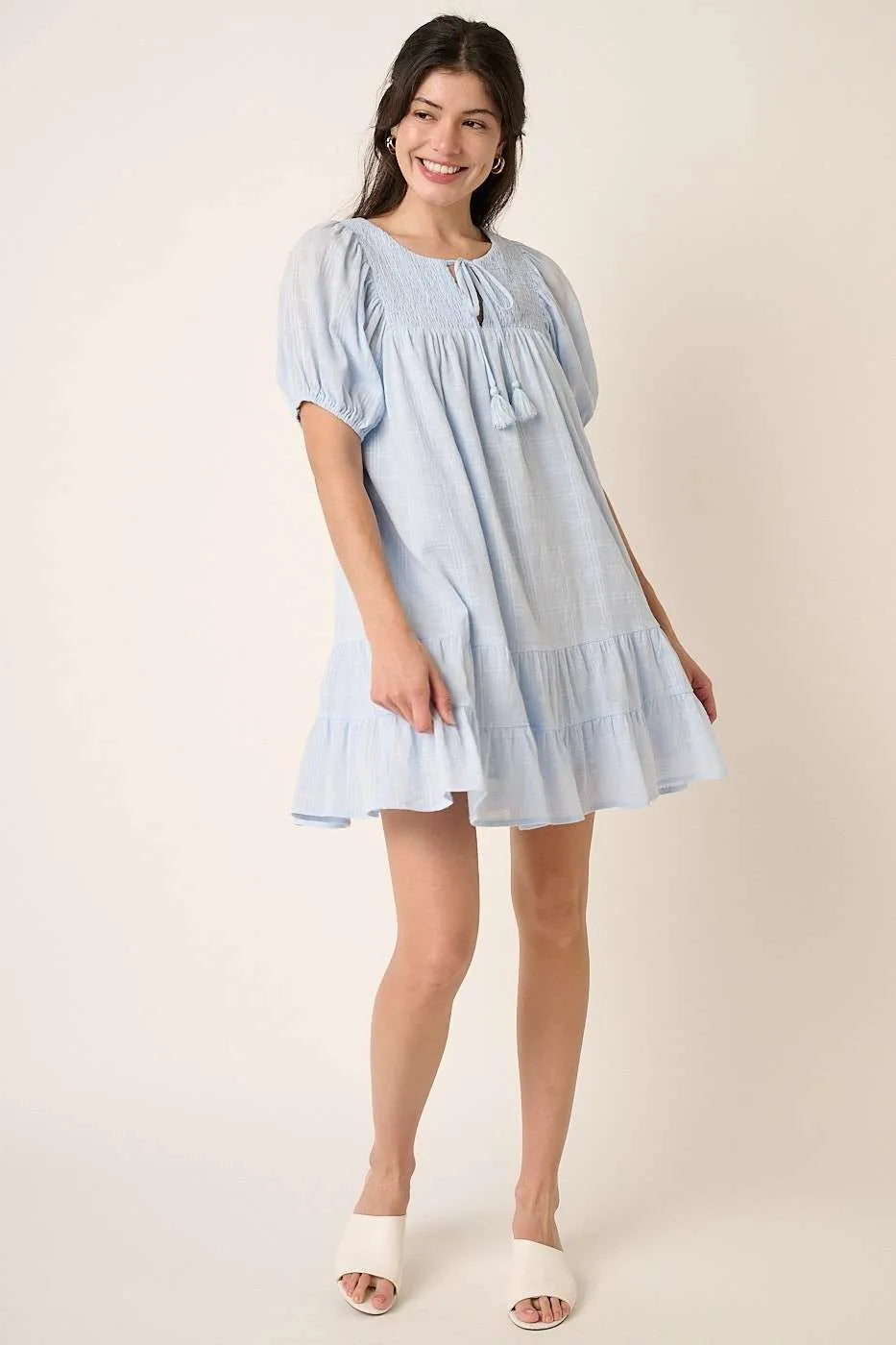 Image of Mittoshop Tassel Tie Plaid Gauze Short Sleeve Mini Dress | Queeble.shop