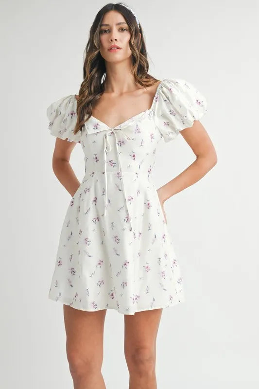 Image of MABLE Floral Print Puff Sleeve Mini Dress | Queeble.shop