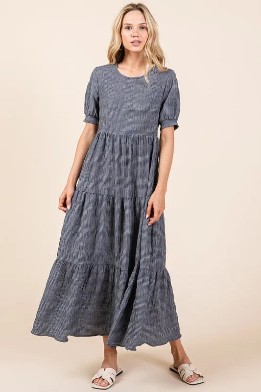 Image of BOMBOM Textured Short Sleeve Tiered Dress | Queeble.shop