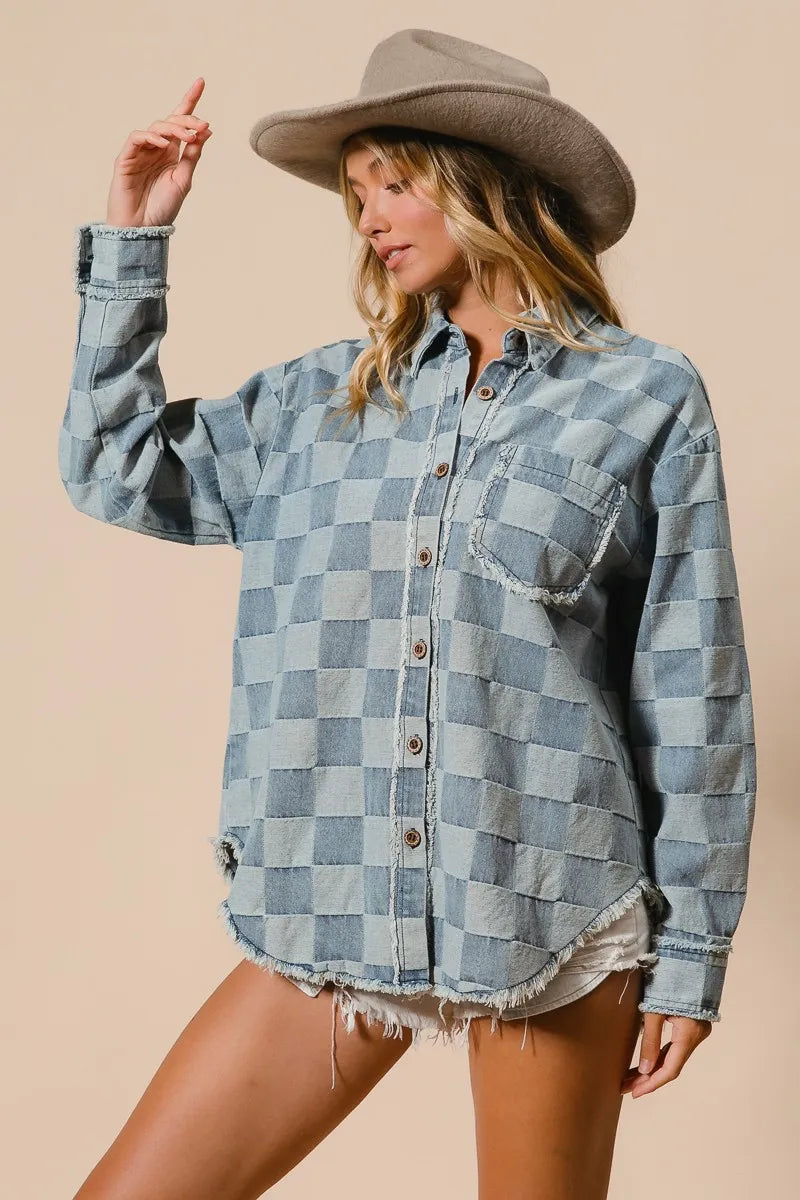 Image of BiBi Frayed Edged Detail Washed Checker Denim Shirt | Queeble.shop