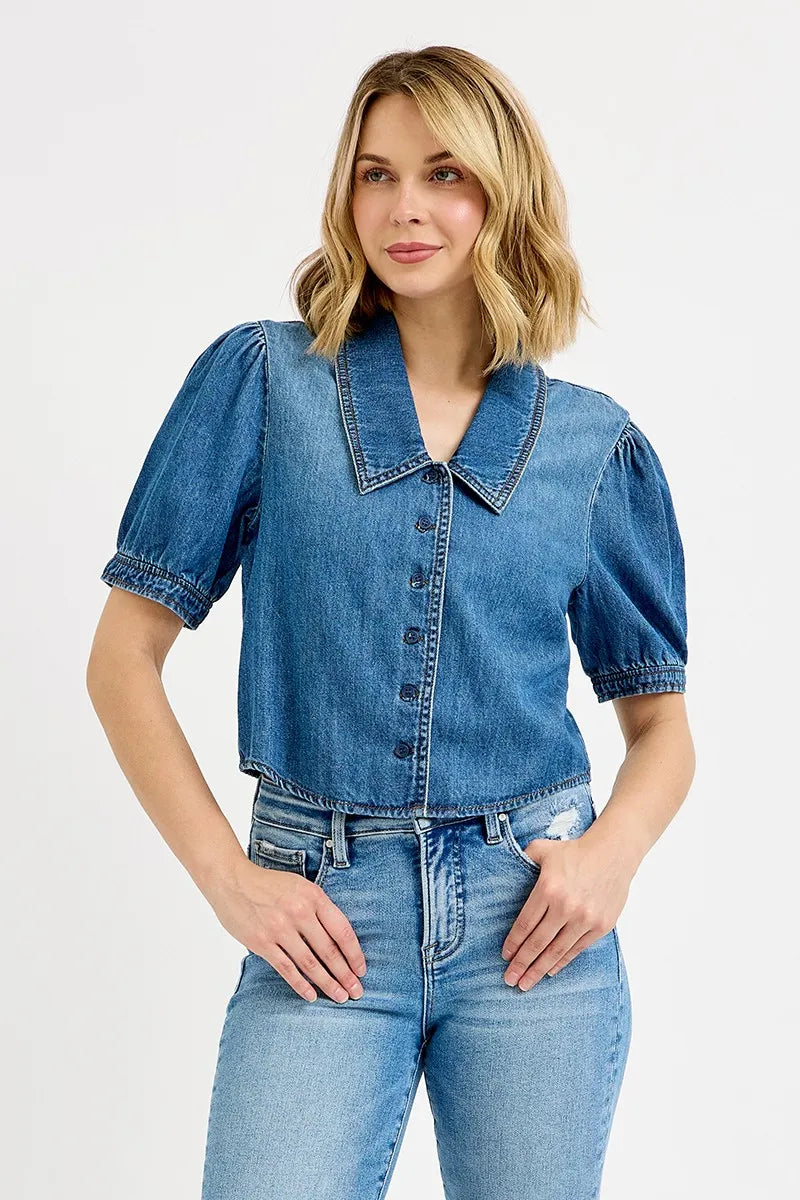 Image of RISEN Button Down Puff Sleeve Crop Denim Shirt | Queeble.shop