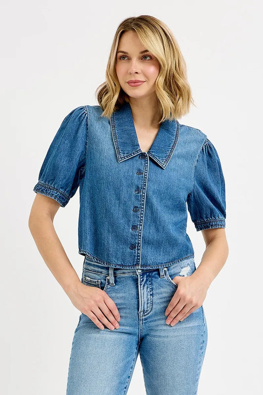 Image of RISEN Button Down Puff Sleeve Crop Denim Shirt | Queeble.shop