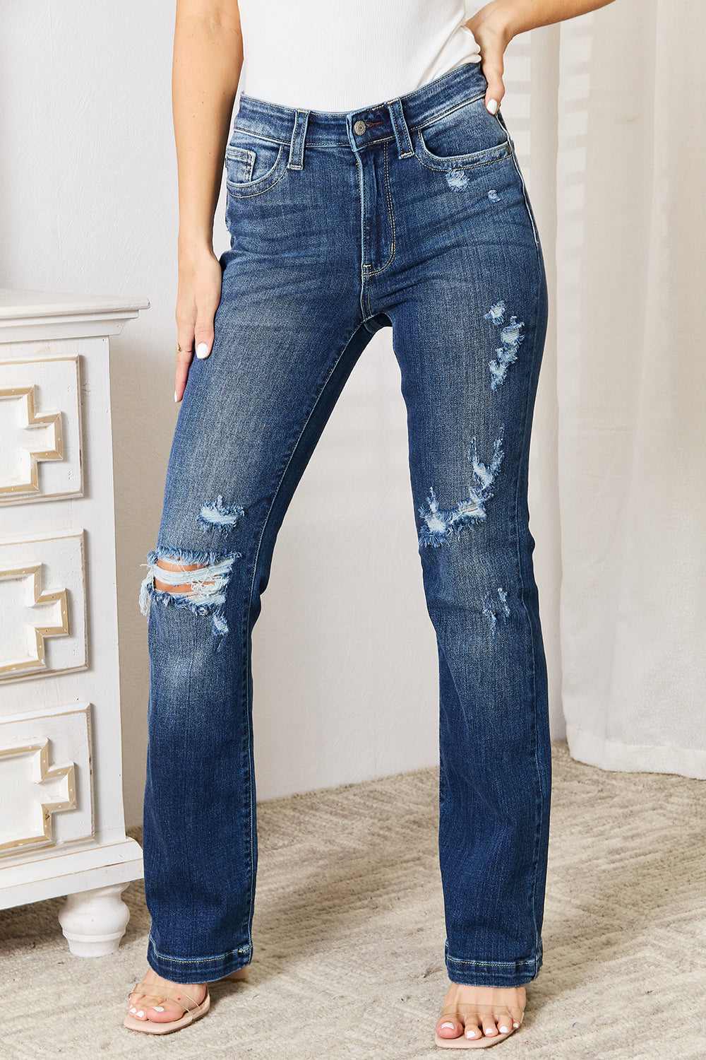 Image of Judy Blue Full Size Mid Rise Hand Sand & Destroy Bootcut Jeans | Queeble.shop