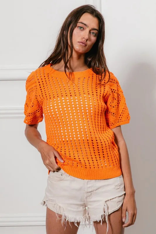 Image of BiBi Crochet Knit Cover Up With Puff Sleeves | Queeble.shop