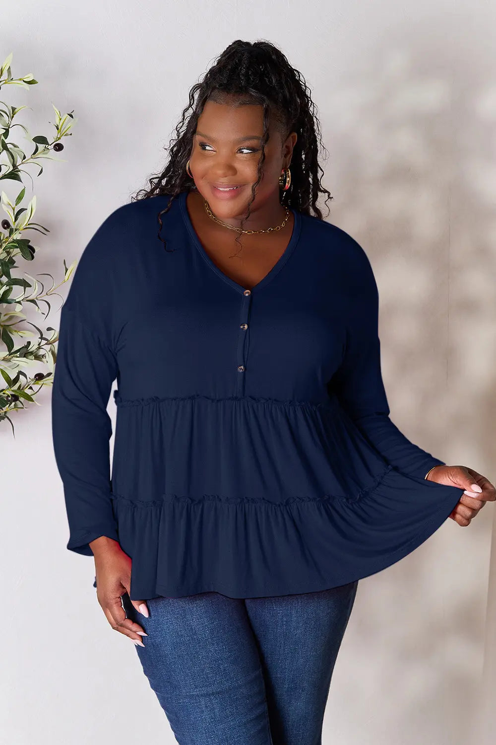 Image of Double Take Half Button Long Sleeve Ruffle Hem Blouse | Queeble.shop