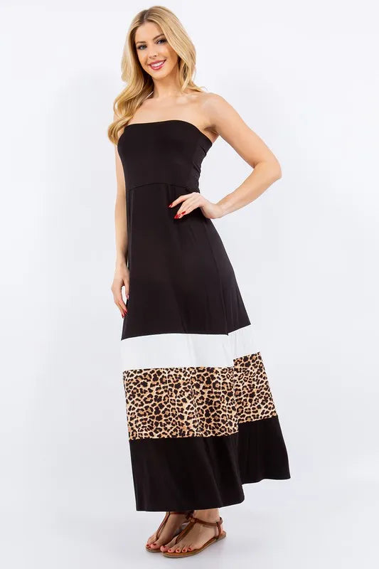 Image of Celeste Full Size Leopard Color Block Tube Maxi Dress Plus Size | Queeble.shop