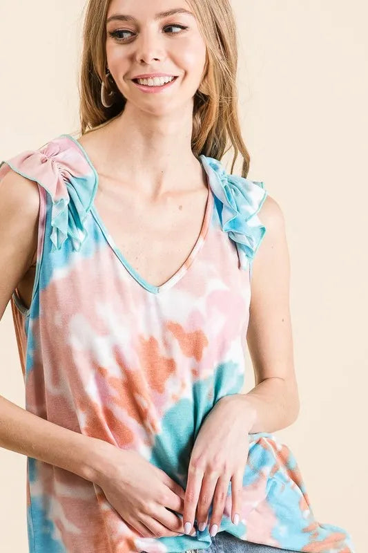 Image of BiBi Circular Tie Dye Knit V Neck Top With Ruffle | Queeble.shop