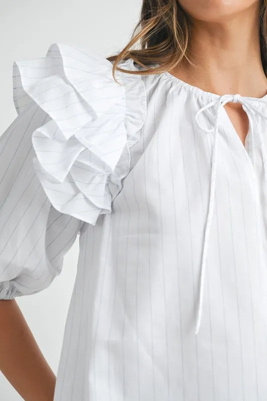 Image of MABLE Stripe Ruffle Shoulder Puff Sleeve Blouse | Queeble.shop