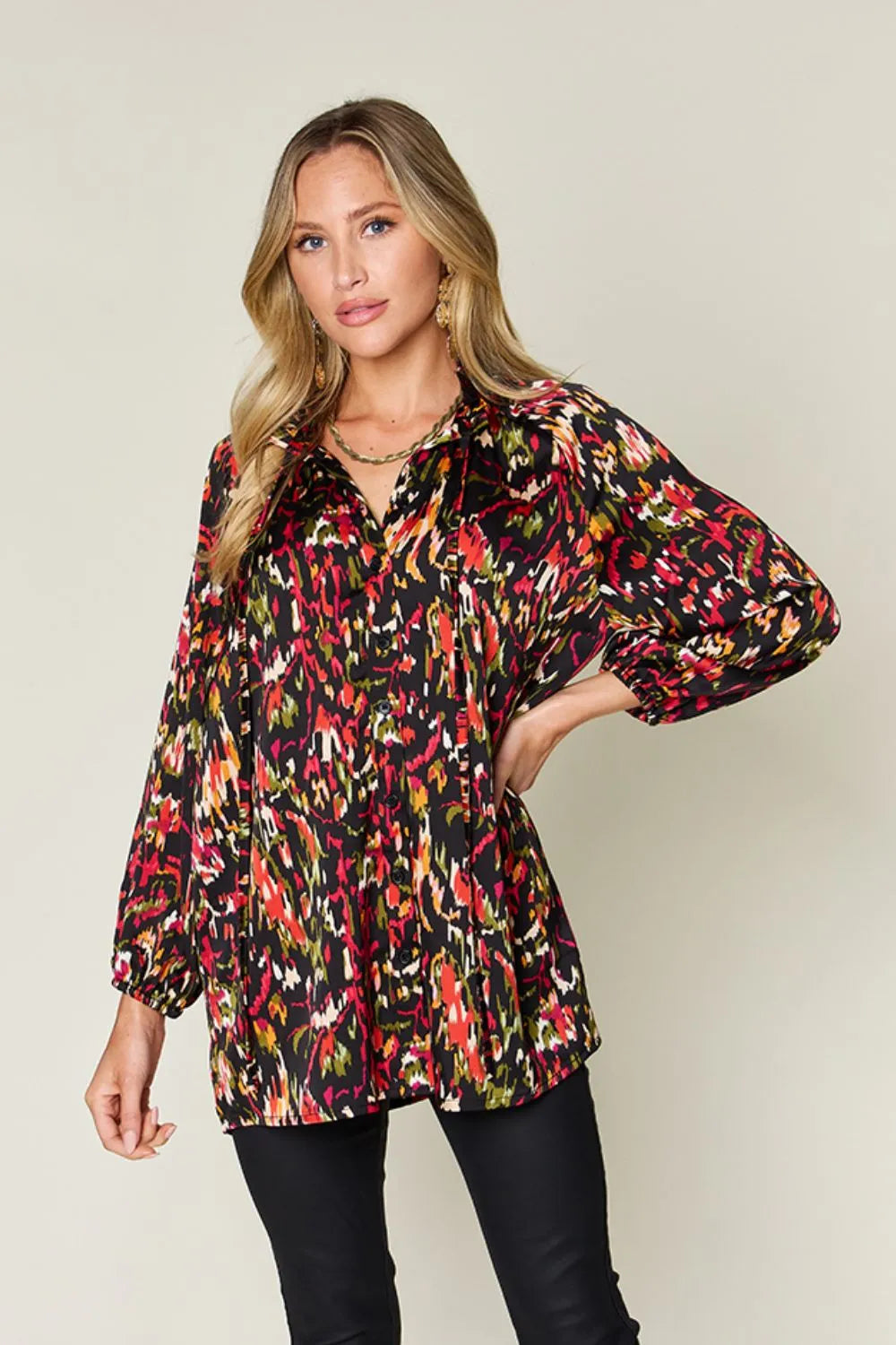 Image of Double Take Full Size Printed Button Up Long Sleeve Shirt | Queeble.shop