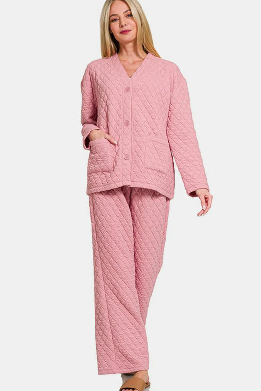 Image of Zenana Quilted Button Up Long Sleeve Top and Pants Lounge Set | Queeble.shop