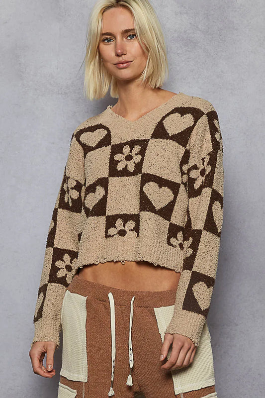 Image of POL V-Neck Heart Pattern Checkered Sweater | Queeble.shop