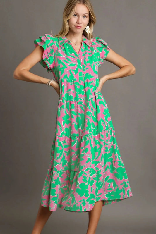 Image of Umgee Full Size Floral Collared Ruffle Cap Sleeve Midi Dress Plus Size | Queeble.shop