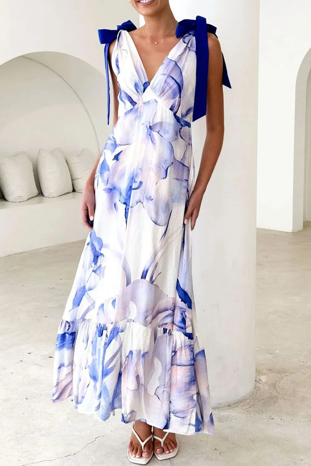 Image of Printed V-Neck Tie Shoulder Midi Cami Dress | Queeble.shop