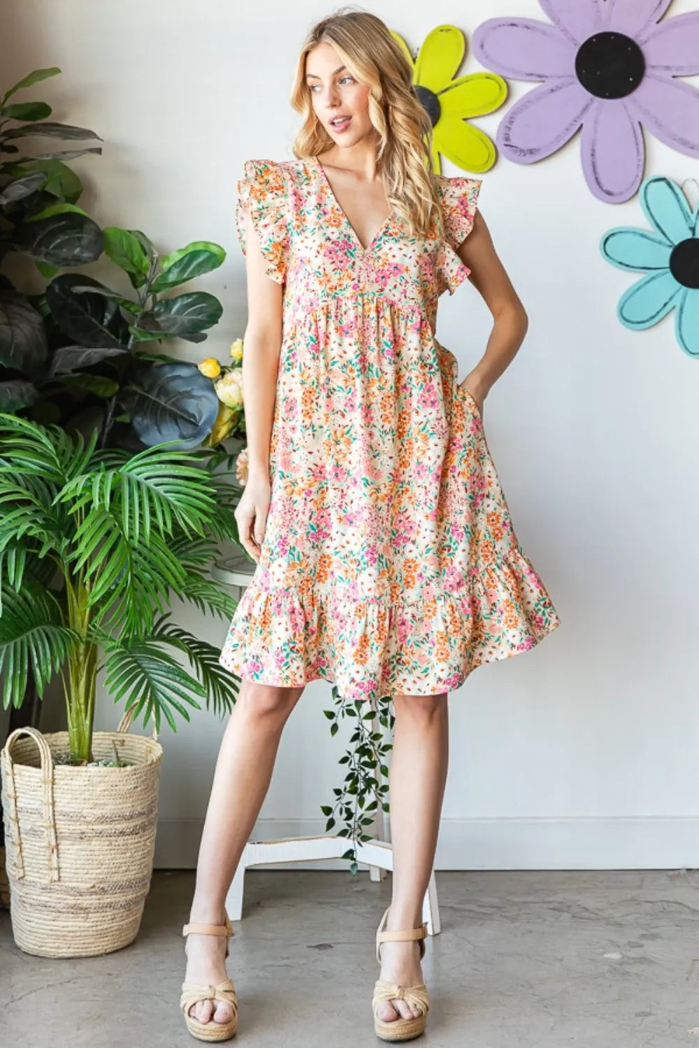 Image of Heimish Full Size Floral Ruffled V-Neck Dress | Queeble.shop