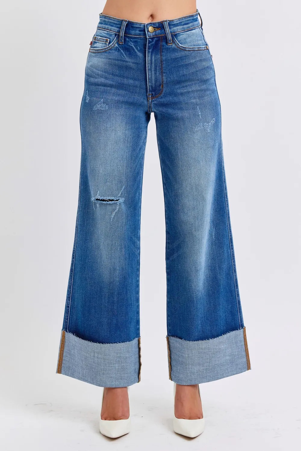 Image of Judy Blue Full Size Distressed High Waist Wide Leg Jeans | Queeble.shop