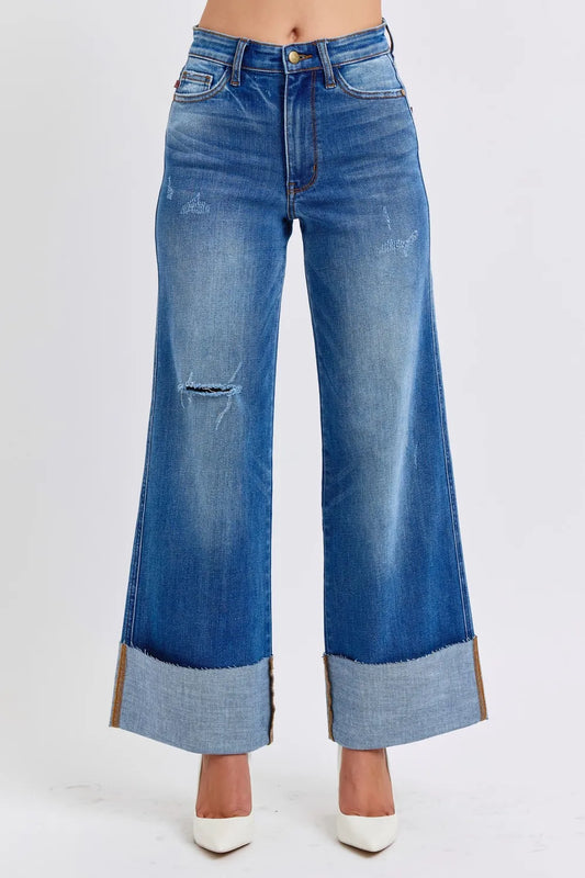 Image of Judy Blue Full Size Distressed High Waist Wide Leg Jeans | Queeble.shop