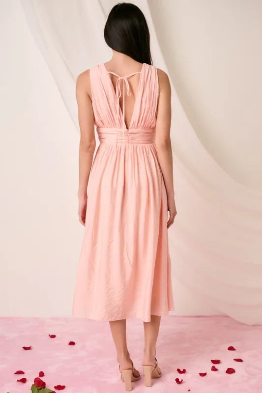 Image of Mittoshop Ruched V-Neck Sleeveless Midi Dress | Queeble.shop