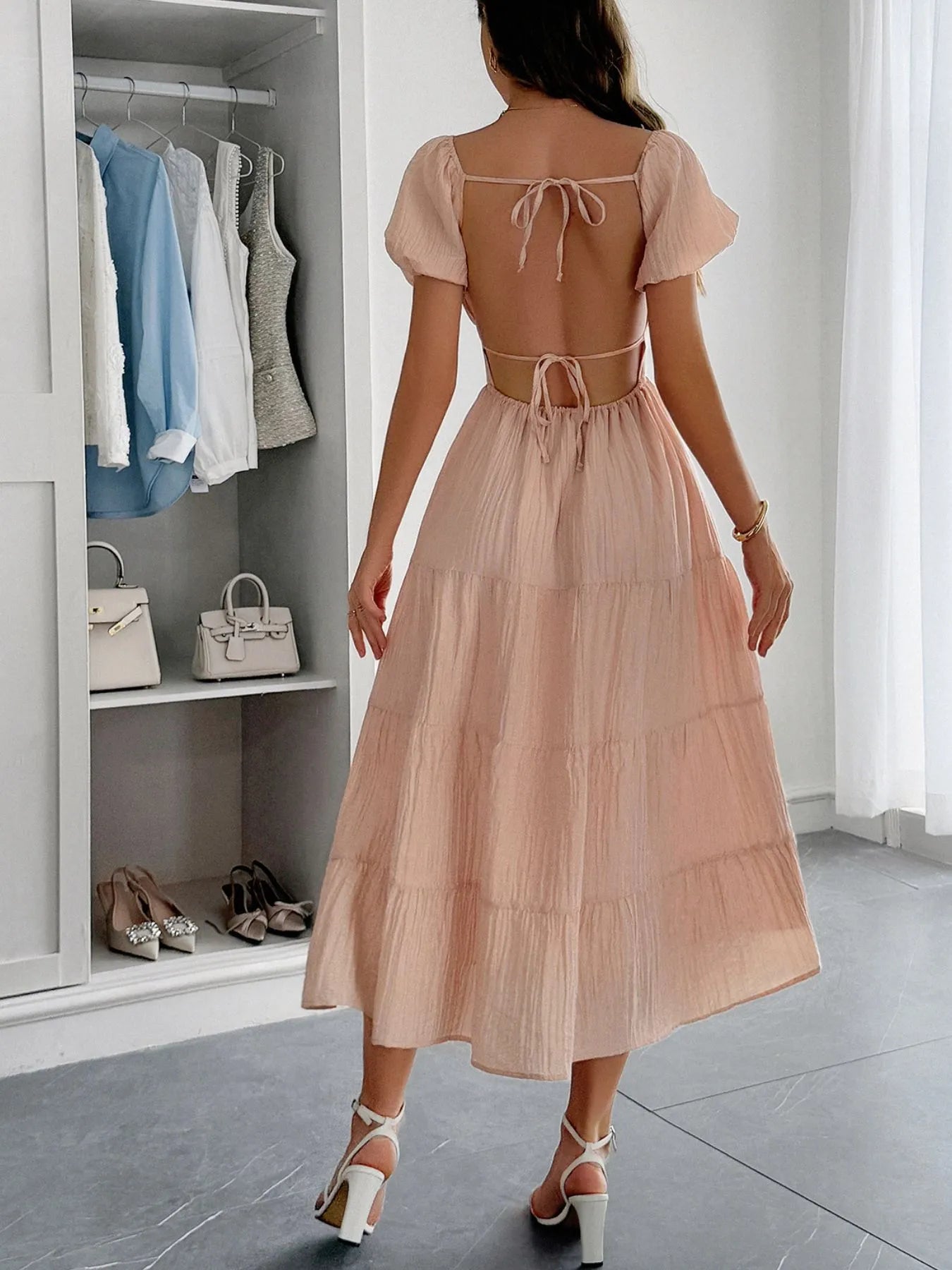 Image of Backless Tiered Puff Sleeve Midi Dress | Queeble.shop
