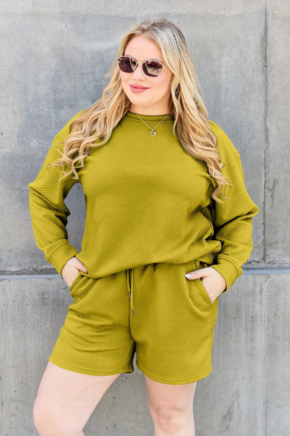 Image of Double Take Full Size Texture Long Sleeve Top and Drawstring Shorts Set | Queeble.shop