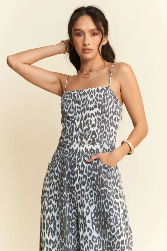 Image of Davi & Dani Leopard Spaghetti Straps Wide Leg Jumpsuit | Queeble.shop