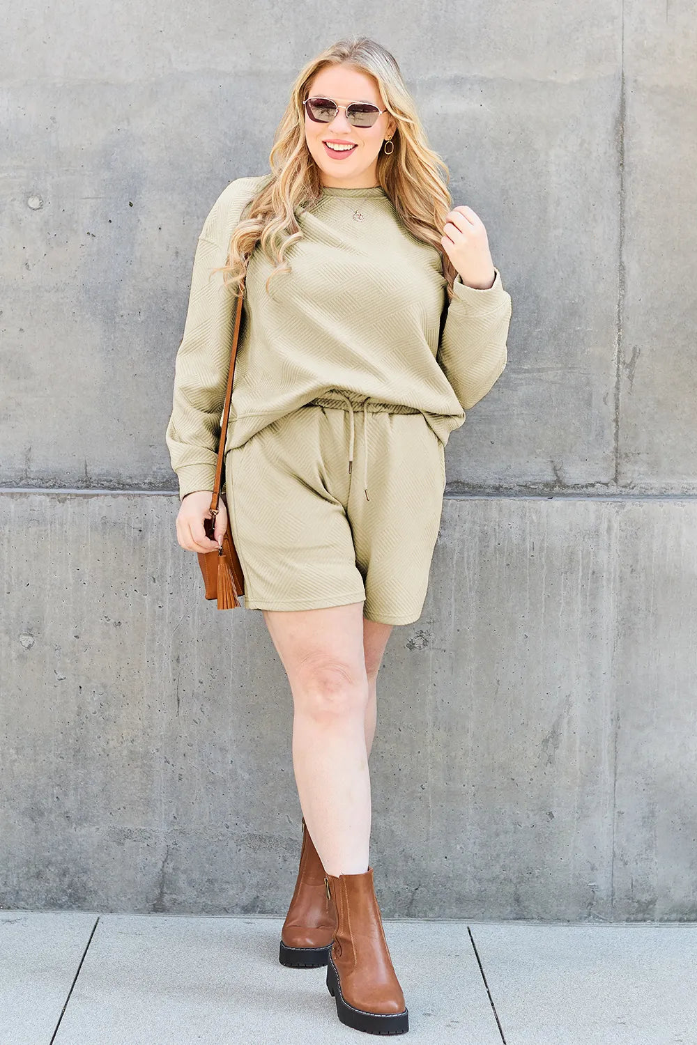 Image of Double Take Full Size Texture Long Sleeve Top and Drawstring Shorts Set | Queeble.shop