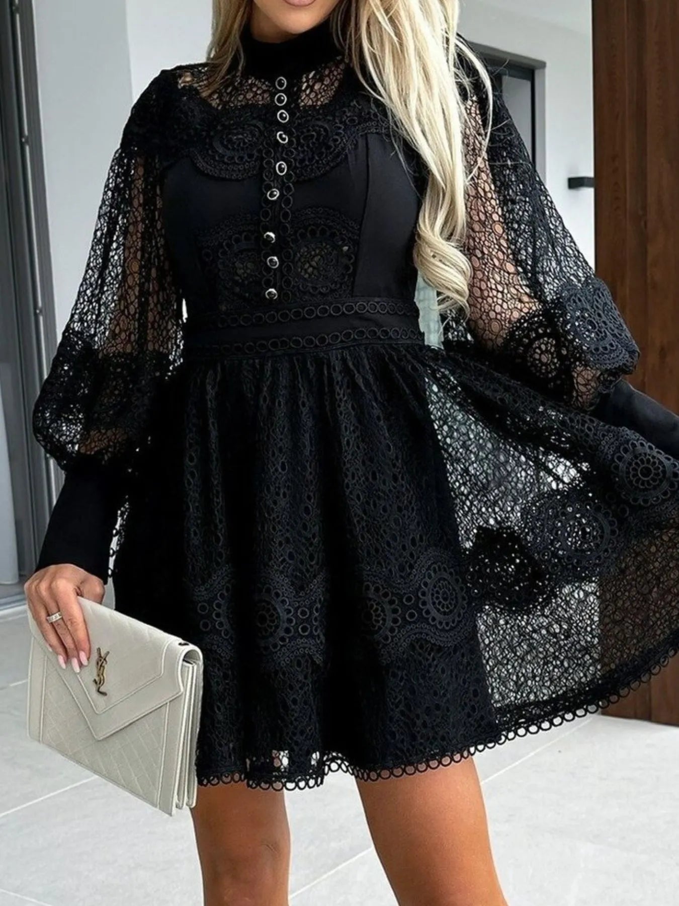 Image of Lace Lantern Sleeve Mini Dress | Queeble.shop