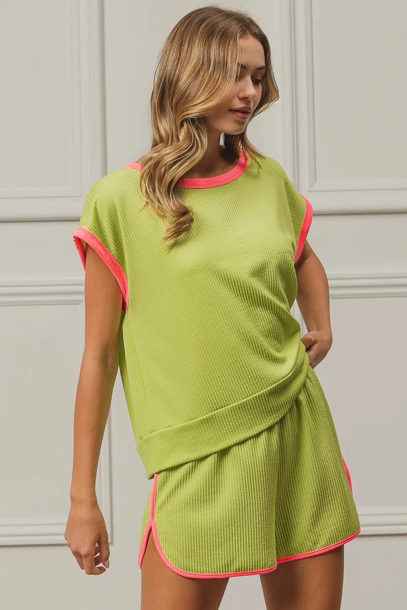 Image of BiBi Cord Rib Knit Contrast Banded Top | Queeble.shop