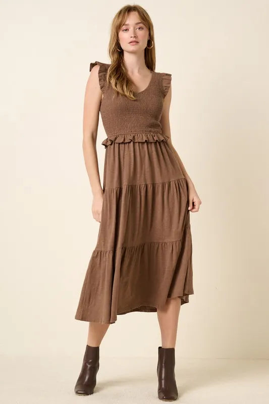 Image of Mittoshop Smocked Ruffled Tiered Midi Dress | Queeble.shop