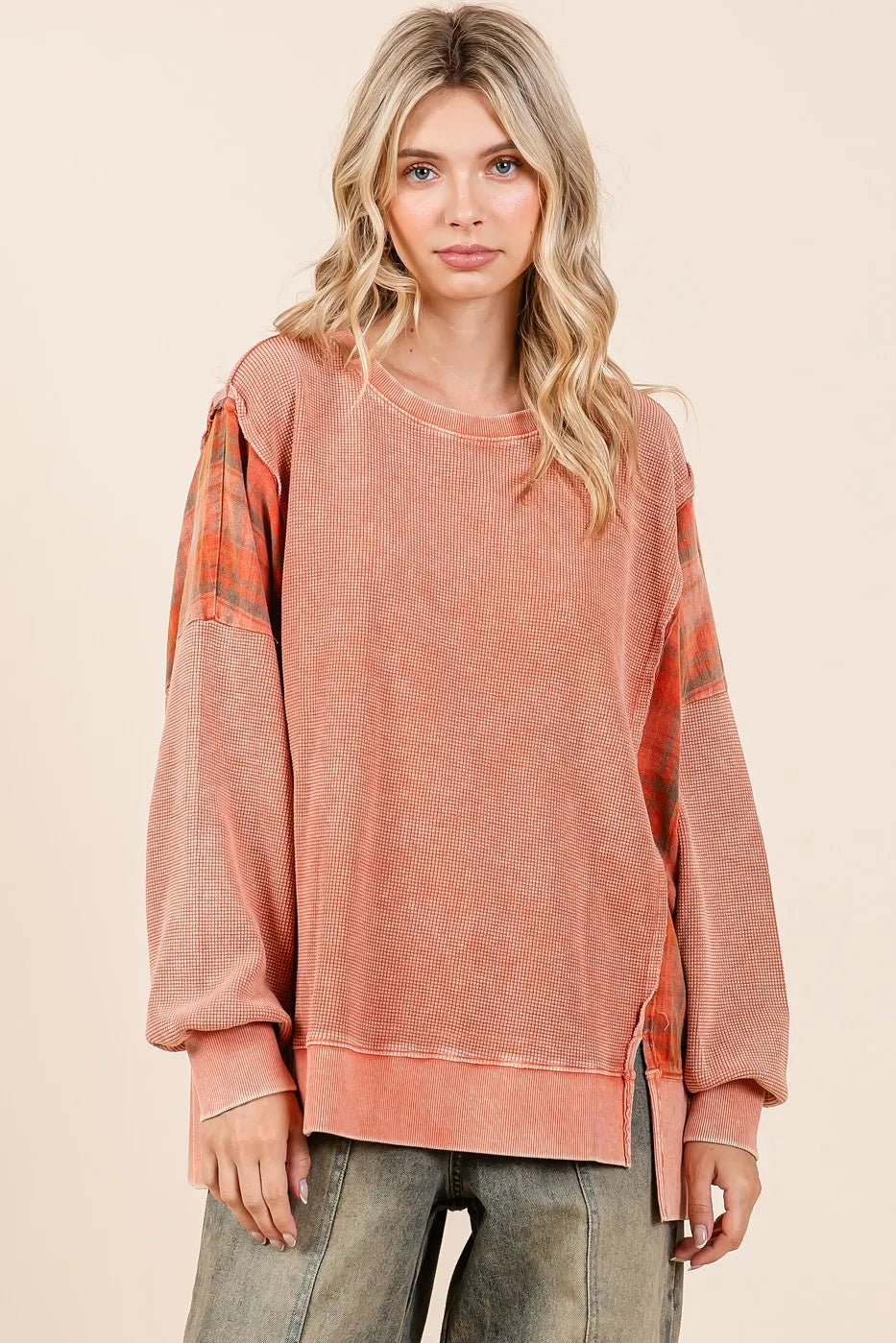 Image of Mittoshop Plaid Panel Mineral Wash French Terry Sweatshirt | Queeble.shop
