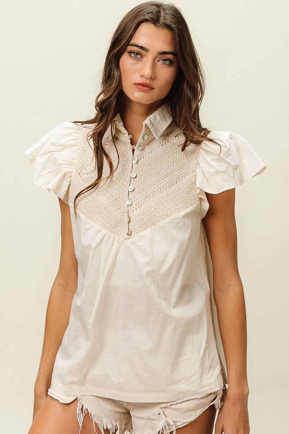 Image of BiBi Half Button Collared Neck Short Sleeve Top | Queeble.shop