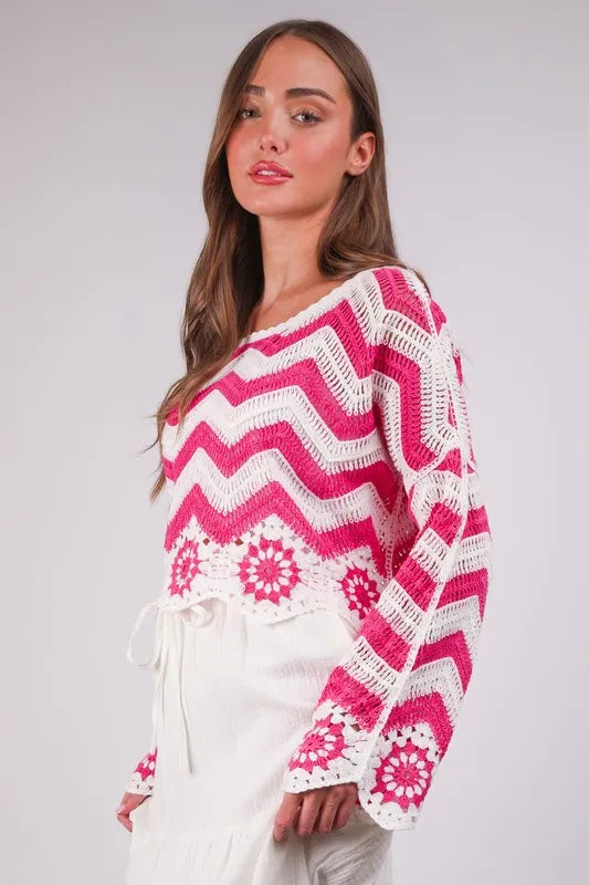Image of VERY J Chevron/Floral Pattern Crochet Knit Top | Queeble.shop