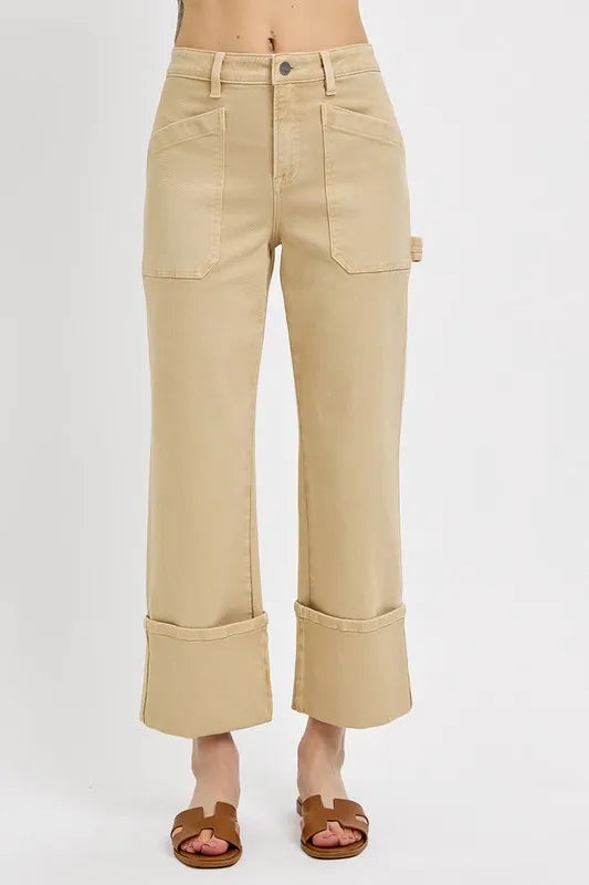 Image of RISEN Full Size High Rise Wide Straight Cuffed Patch Jeans Plus Size | Queeble.shop