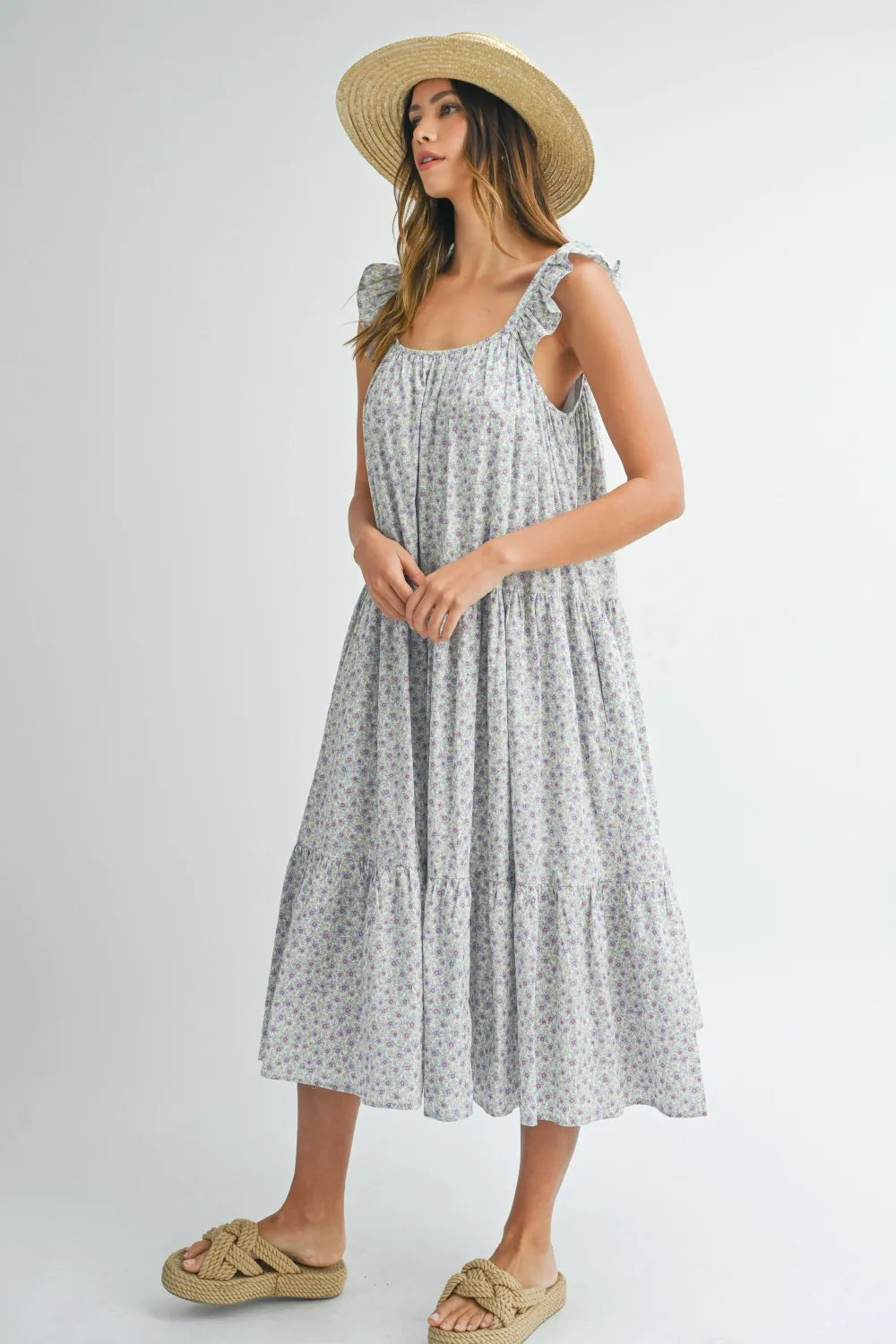 Image of MABLE Floral Ruffle Shoulder Tiered Midi Dress | Queeble.shop